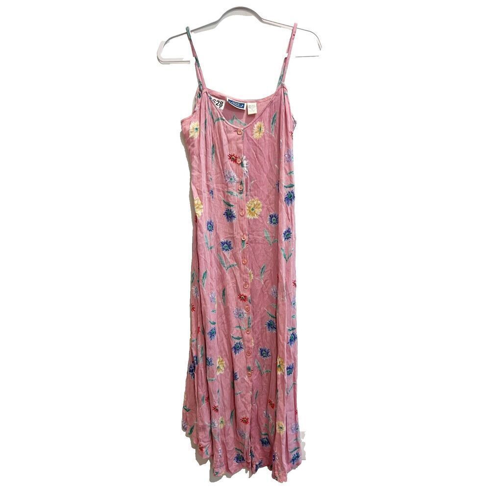 Vtg 90s BRYN Connelly Women Pink Sundress 6 Floral Maxi Cottagecore Fairy Button